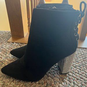 ITALINA AD8380 Black Suede Pointed Toe Dressy Ankle Boots - Rhinestoe Heels - 8